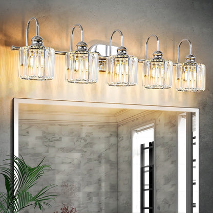 Lampada da bagno lineare Glam a 5 luci dimmerabile in cristallo con paralume cilindrico in cristallo