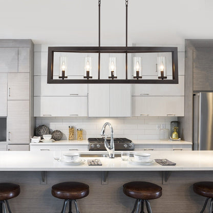 Lampadario lineare industriale moderno a 5 luci per sala da pranzo, lampadario cilindrico in vetro trasparente, luci per isola cucina