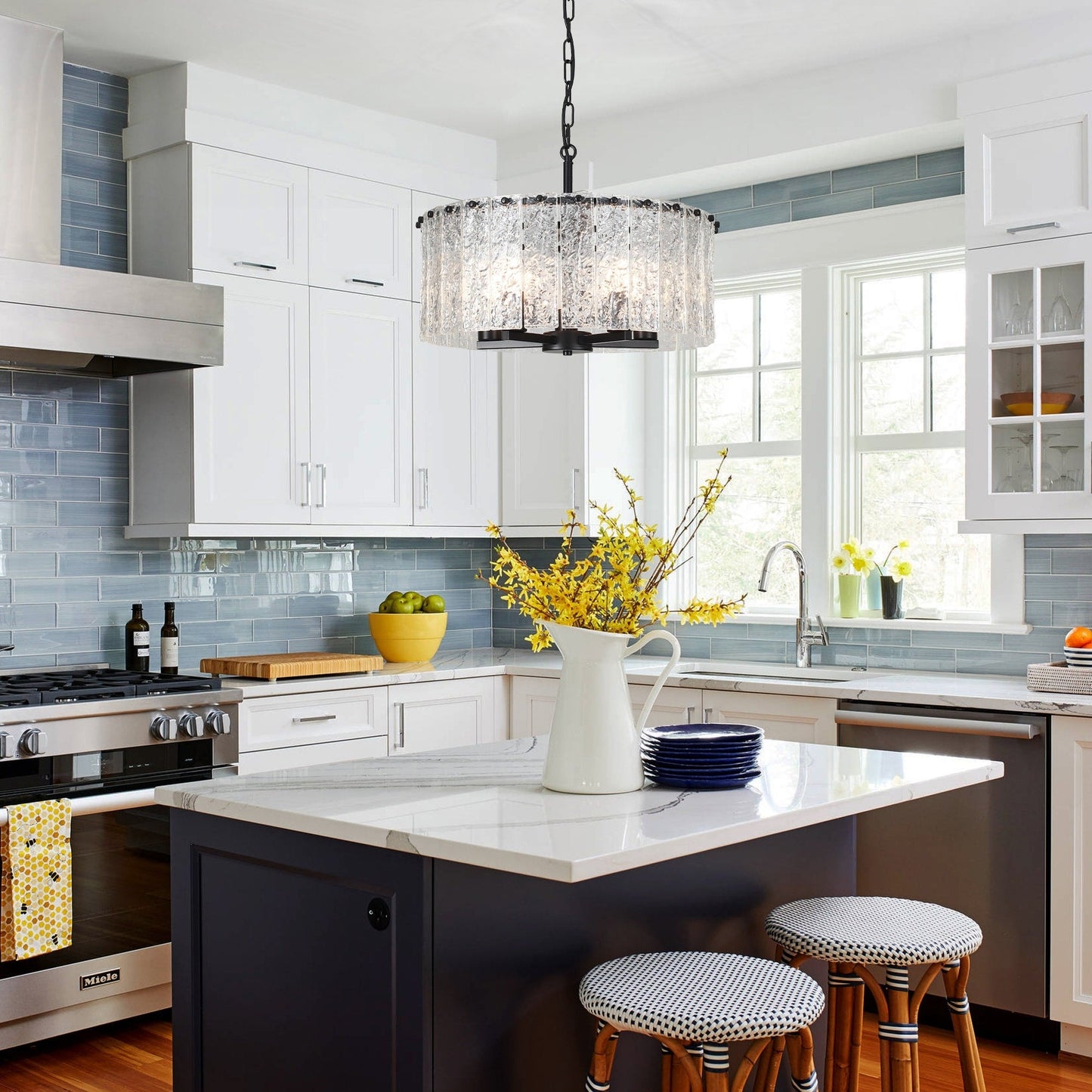 Lampadario moderno a tamburo rotondo a 5 luci, lampadario classico semi-incassato, lampada a sospensione per isola cucina e sala da pranzo