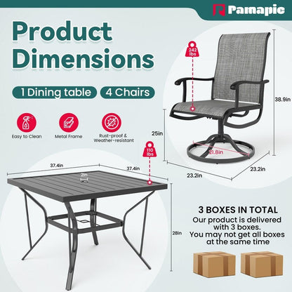 Set da pranzo per esterni in metallo da 5 pezzi con tavolo quadrato e sedie girevoli in textilene