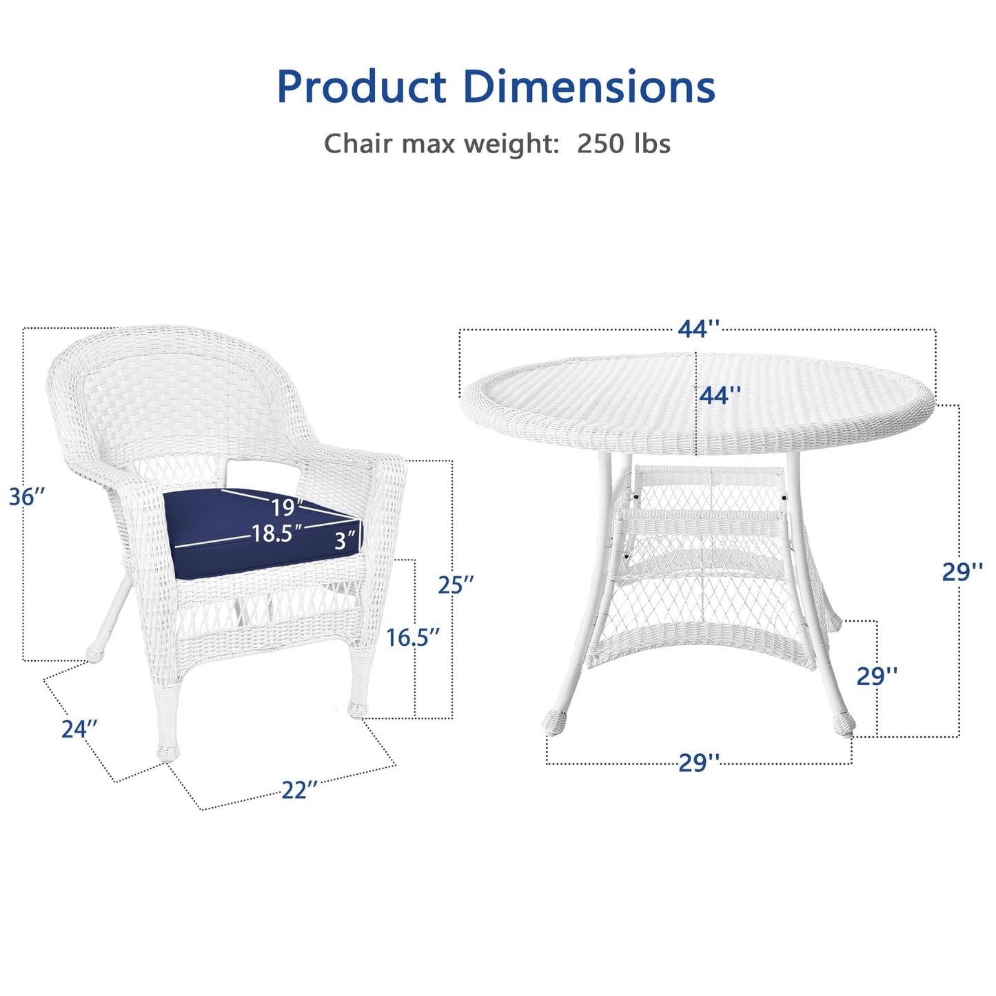 Set da pranzo in vimini bianco in resina da 5 pezzi