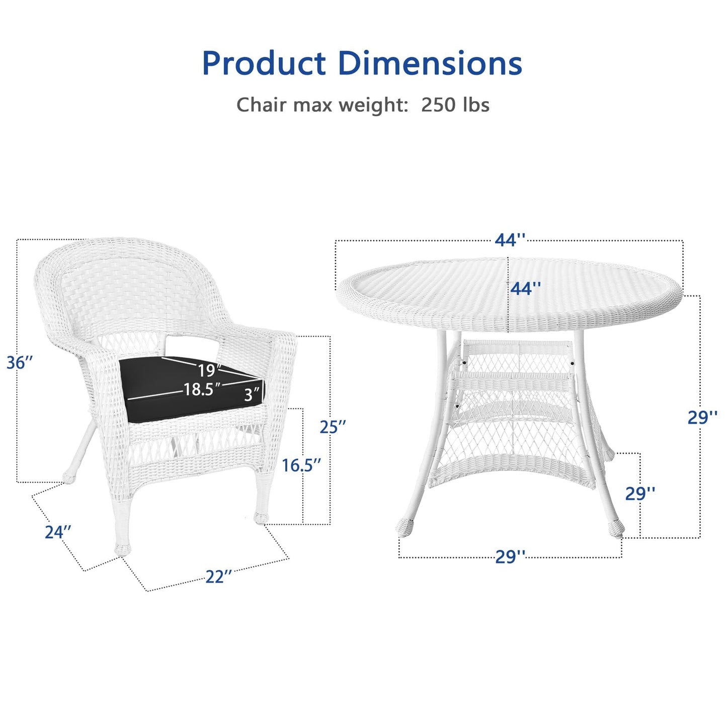 Set da pranzo in vimini bianco in resina da 5 pezzi