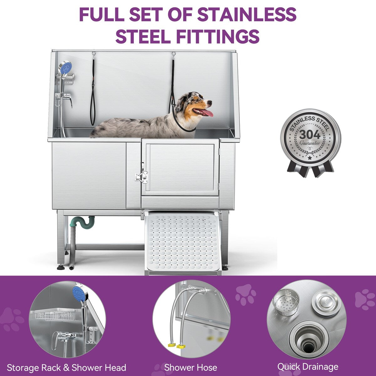 Vasca per toelettatura regolabile in acciaio inossidabile da 50'' con rampa - Argento