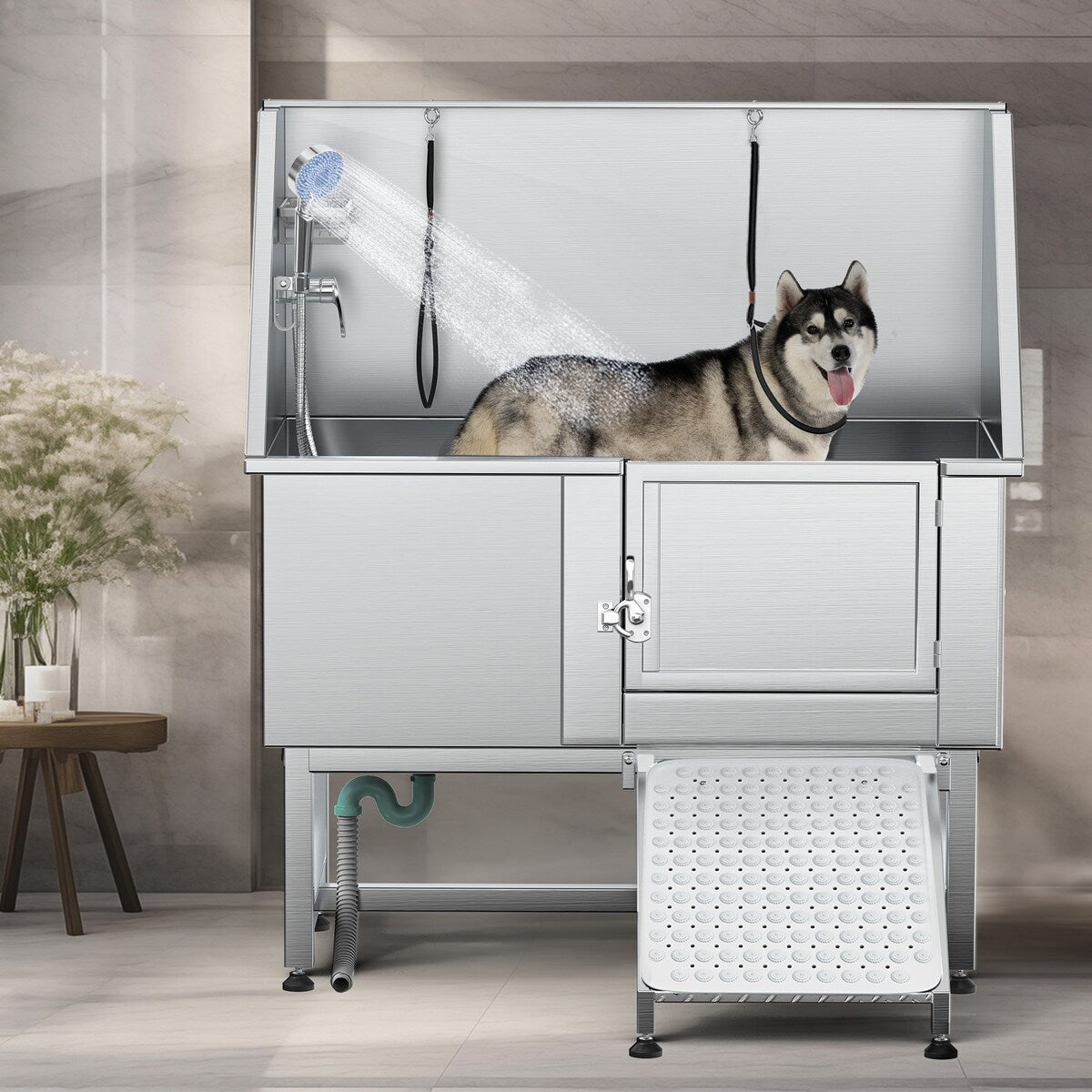 Vasca per toelettatura regolabile in acciaio inossidabile da 50'' con rampa - Argento