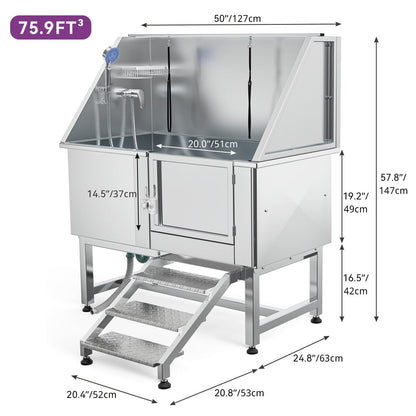 Vasca per toelettatura regolabile in acciaio inossidabile da 50'' con rampa a gradini