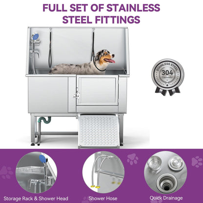 Vasca per toelettatura regolabile in acciaio inossidabile da 50'' con rampa a gradini