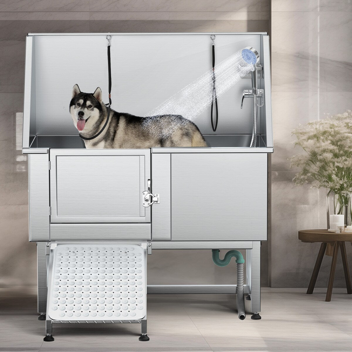 Vasca per toelettatura regolabile in acciaio inossidabile da 50'' con rampa a gradini