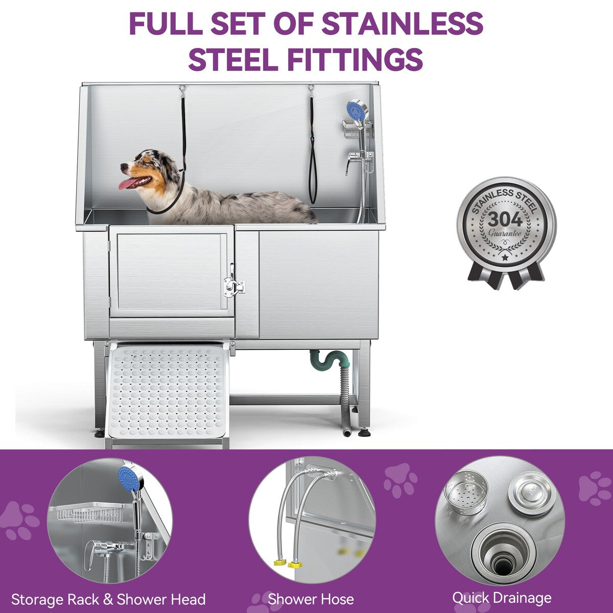 Vasca per toelettatura regolabile in acciaio inossidabile da 50'' con rampa a gradini