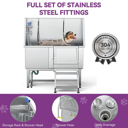 Vasca per toelettatura regolabile in acciaio inossidabile da 50'' con rampa a gradini