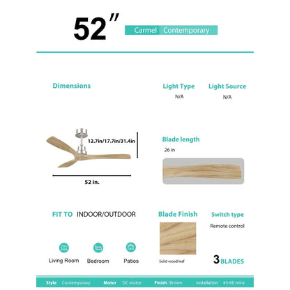 Ventilatore da soffitto moderno in legno massello/ABS da 52 pollici con telecomando (senza luce), 6 velocità del vento, flusso d'aria reversibile
