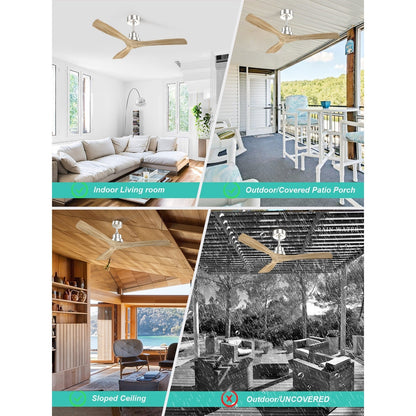 Ventilatore da soffitto moderno in legno massello/ABS da 52 pollici con telecomando (senza luce), 6 velocità del vento, flusso d'aria reversibile