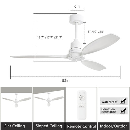 Ventilatore da soffitto moderno in legno massello/ABS da 52 pollici con telecomando (senza luce), 6 velocità del vento, flusso d'aria reversibile