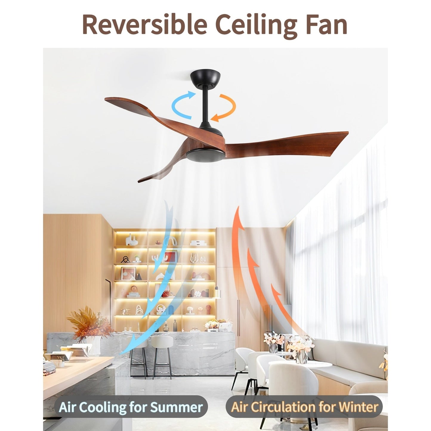 Ventilatore da soffitto moderno in legno massello/ABS da 52 pollici con telecomando (senza luce), 6 velocità del vento, flusso d'aria reversibile