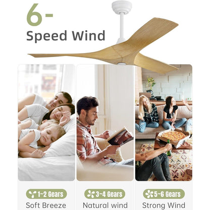 Ventilatore da soffitto moderno in legno massello/ABS da 52 pollici con telecomando (senza luce), 6 velocità del vento, flusso d'aria reversibile
