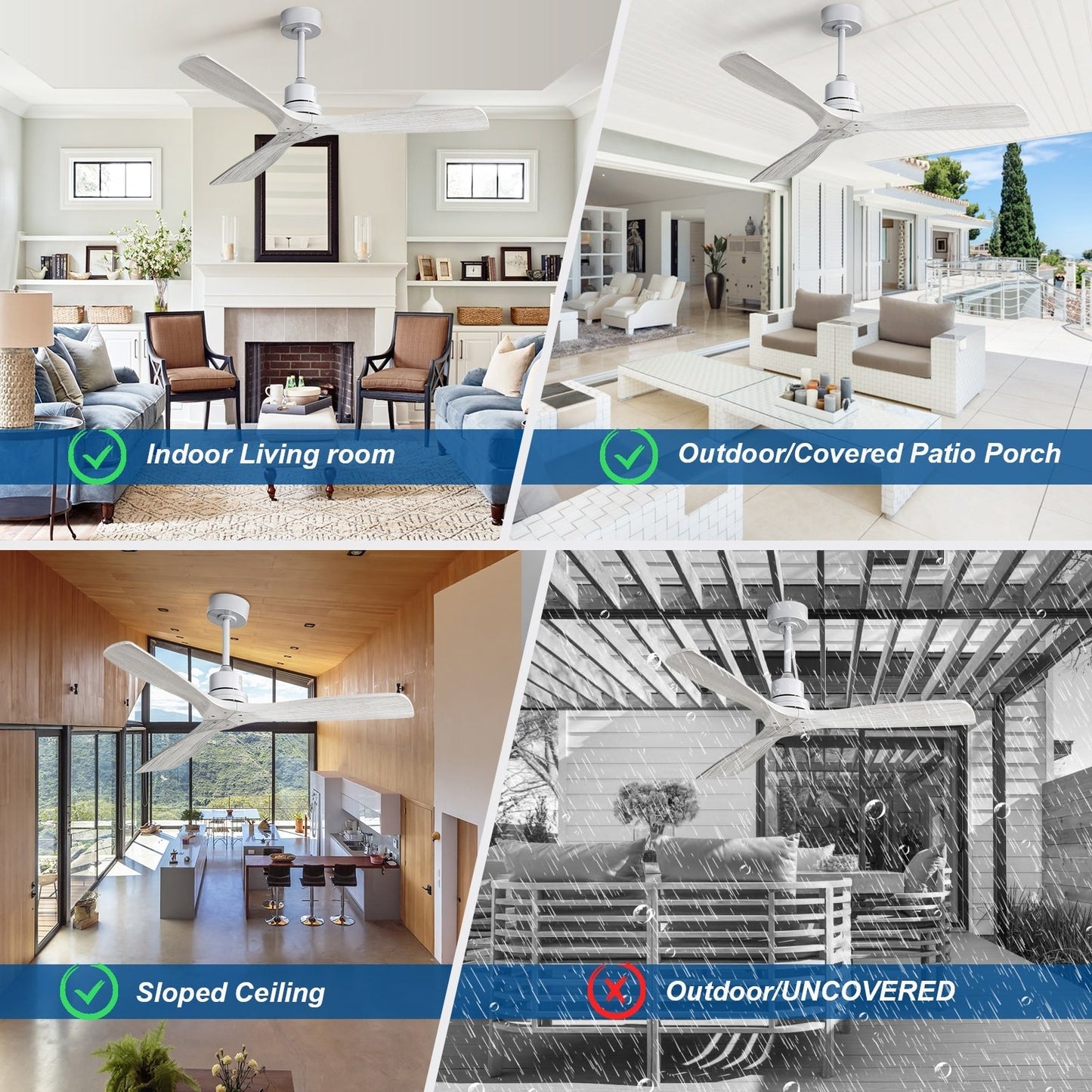 Ventilatore da soffitto moderno in legno massello/ABS da 52 pollici con telecomando (senza luce), 6 velocità del vento, flusso d'aria reversibile