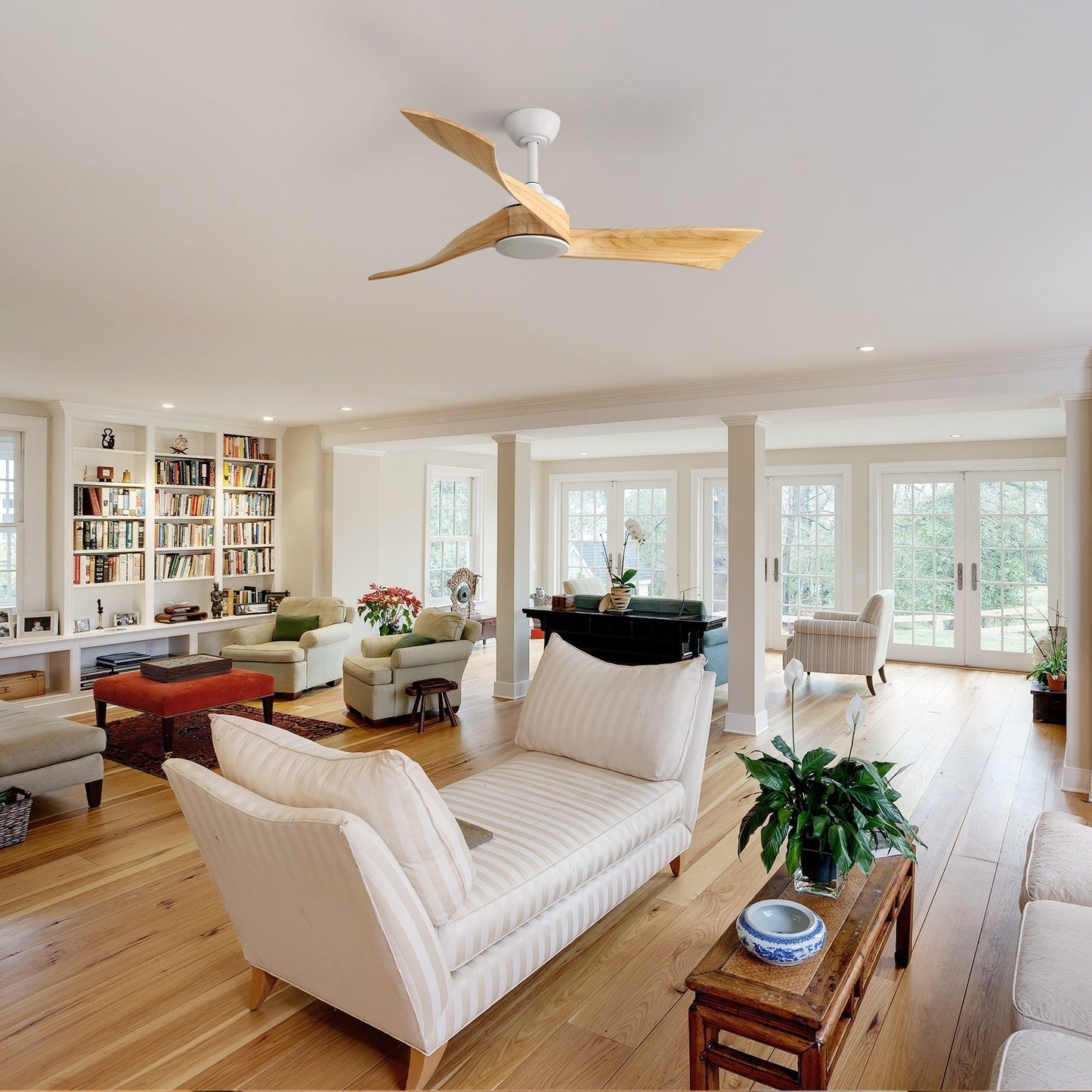 Ventilatore da soffitto moderno in legno massello/ABS da 52 pollici con telecomando (senza luce), 6 velocità del vento, flusso d'aria reversibile