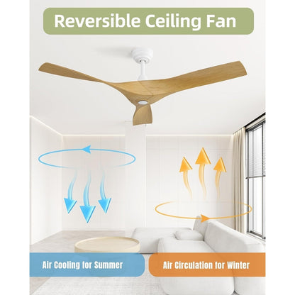 Ventilatore da soffitto moderno in legno massello/ABS da 52 pollici con telecomando (senza luce), 6 velocità del vento, flusso d'aria reversibile