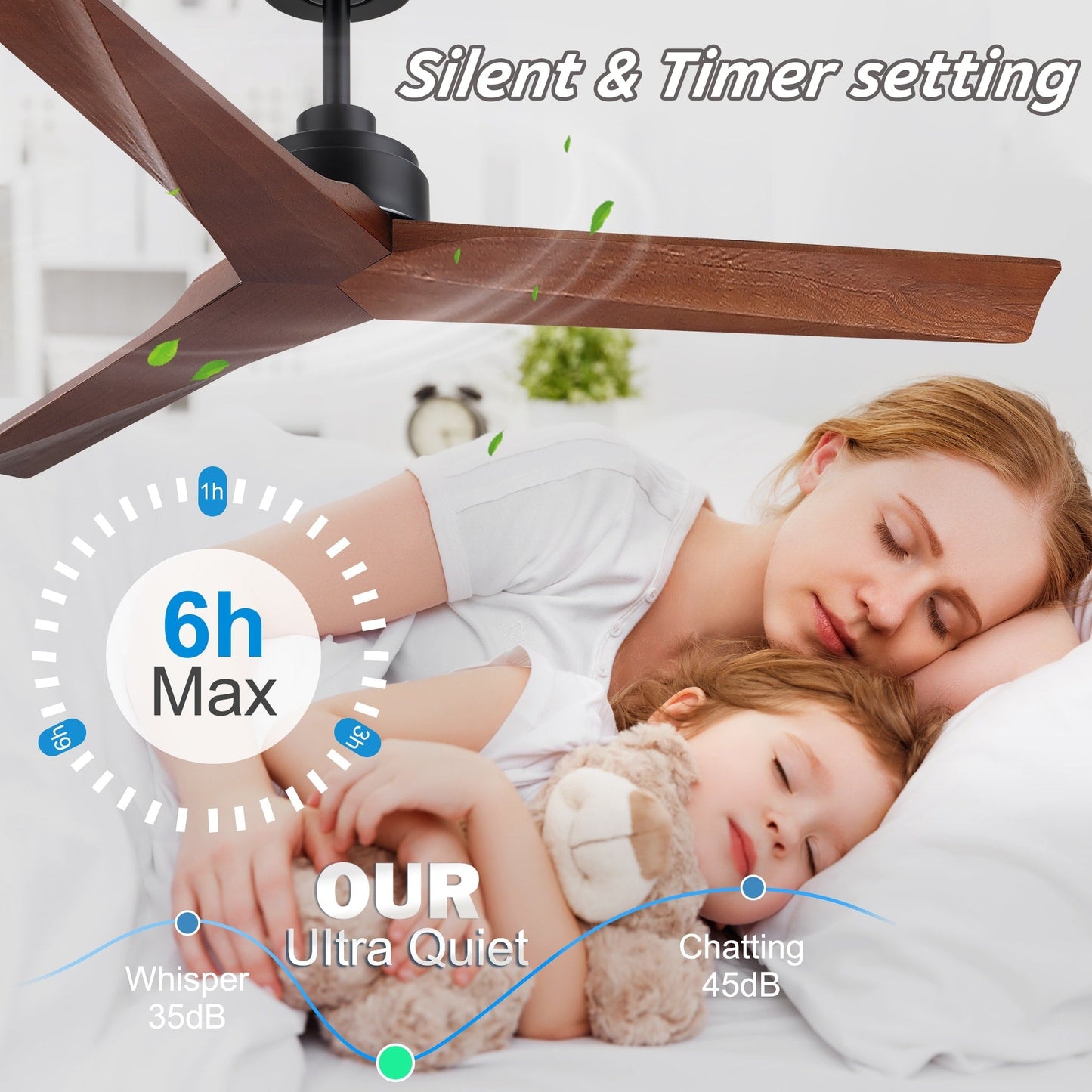 Ventilatore da soffitto moderno in legno massello/ABS da 52 pollici con telecomando (senza luce), 6 velocità del vento, flusso d'aria reversibile