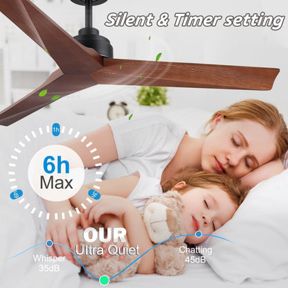 Ventilatore da soffitto moderno in legno massello/ABS da 52 pollici con telecomando (senza luce), 6 velocità del vento, flusso d'aria reversibile