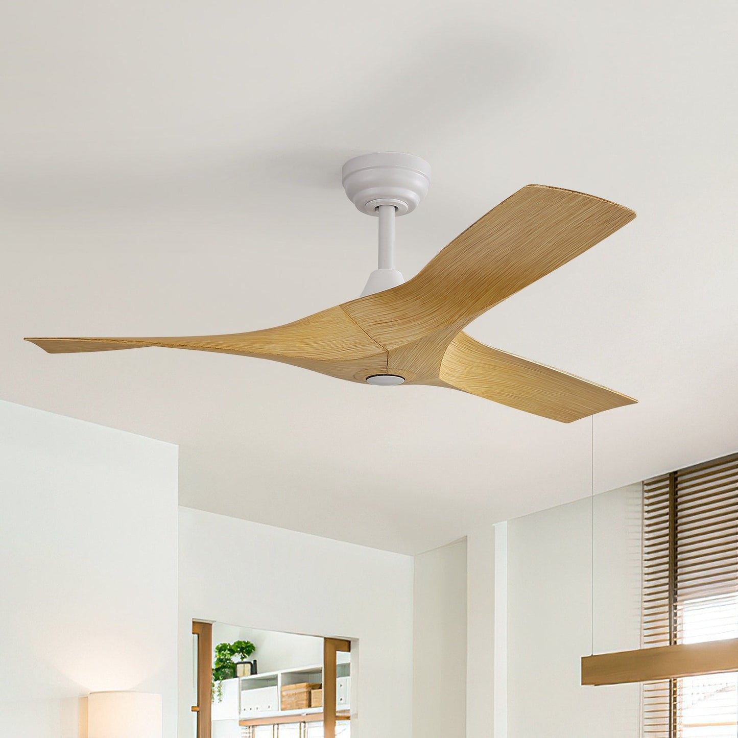 Ventilatore da soffitto moderno in legno massello/ABS da 52 pollici con telecomando (senza luce), 6 velocità del vento, flusso d'aria reversibile
