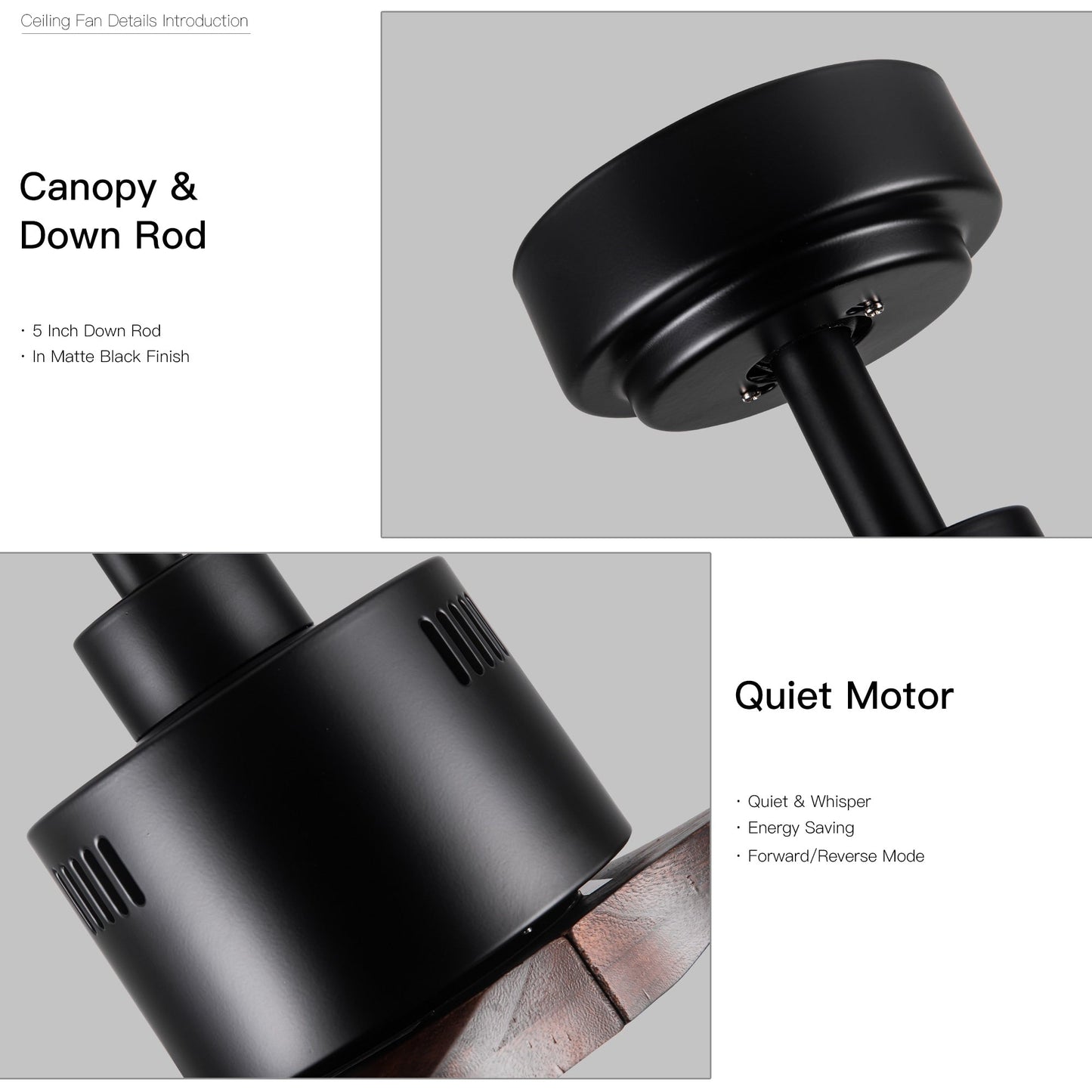 Ventilatore da soffitto moderno in legno massello/ABS da 52 pollici con telecomando (senza luce), 6 velocità del vento, flusso d'aria reversibile