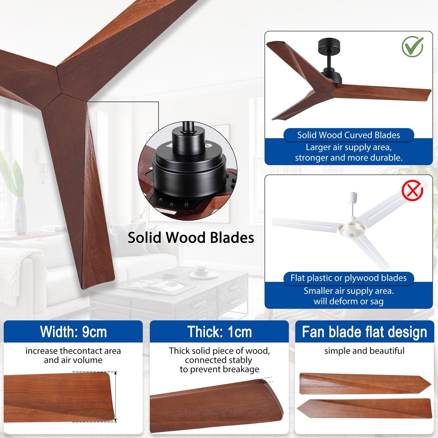 Ventilatore da soffitto moderno in legno massello/ABS da 52 pollici con telecomando (senza luce), 6 velocità del vento, flusso d'aria reversibile