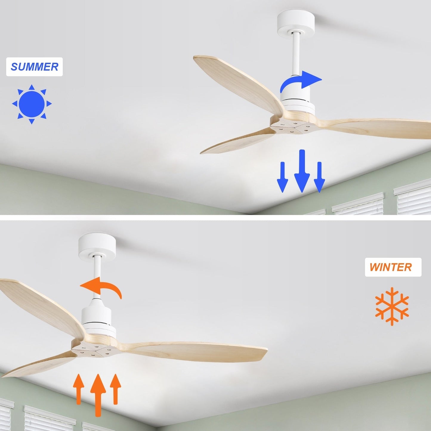 Ventilatore da soffitto moderno in legno massello/ABS da 52 pollici con telecomando (senza luce), 6 velocità del vento, flusso d'aria reversibile