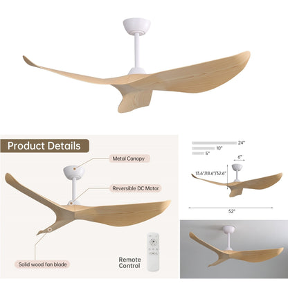Ventilatore da soffitto moderno in legno massello/ABS da 52 pollici con telecomando (senza luce), 6 velocità del vento, flusso d'aria reversibile