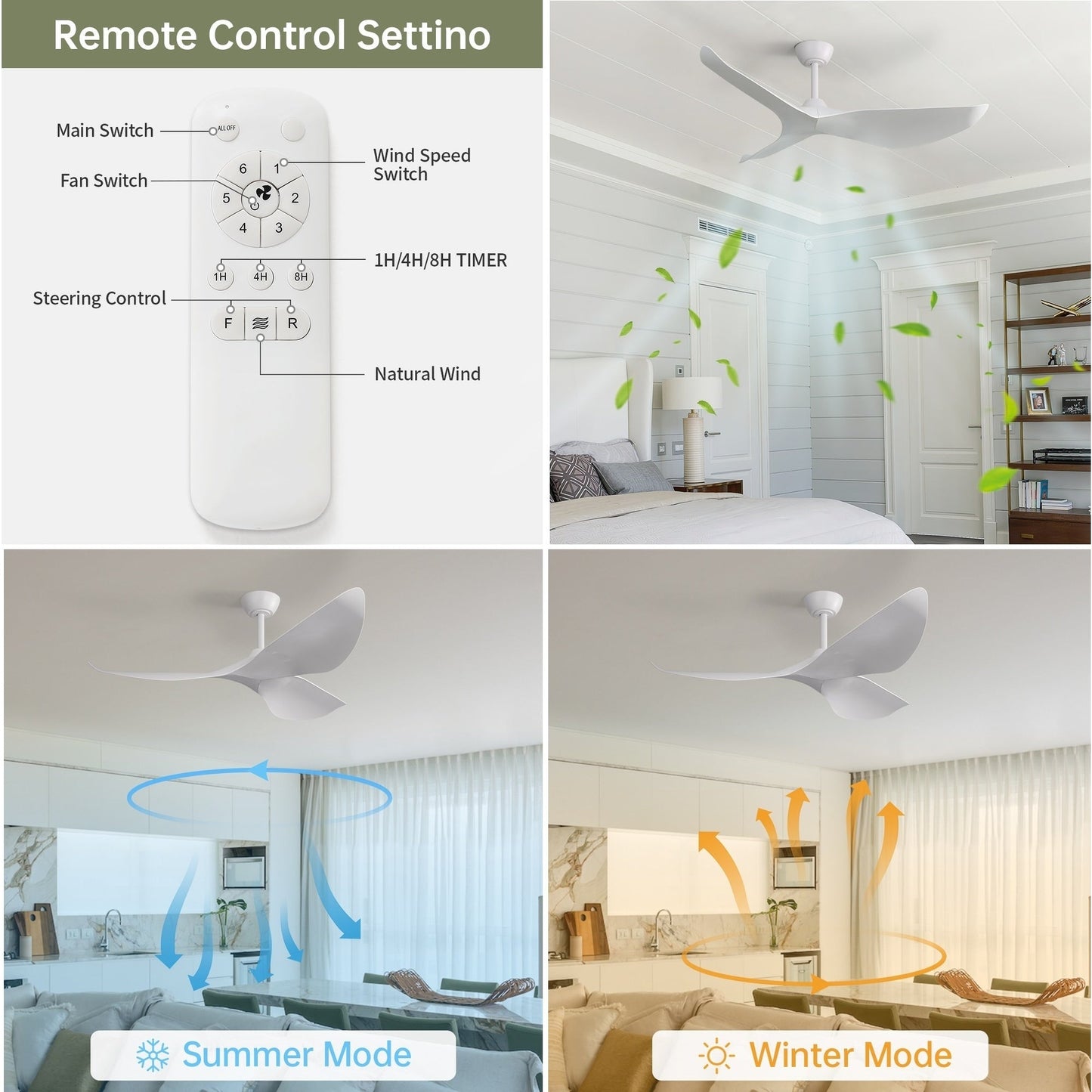 Ventilatore da soffitto moderno in legno massello/ABS da 52 pollici con telecomando (senza luce), 6 velocità del vento, flusso d'aria reversibile