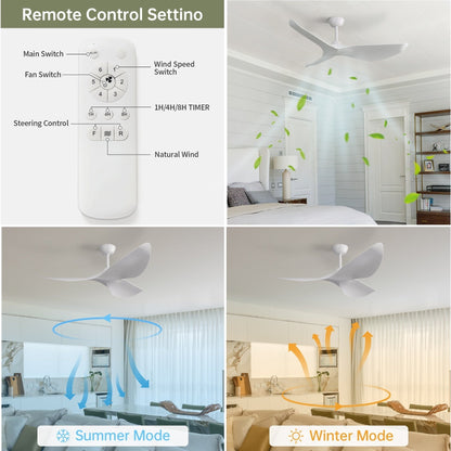 Ventilatore da soffitto moderno in legno massello/ABS da 52 pollici con telecomando (senza luce), 6 velocità del vento, flusso d'aria reversibile