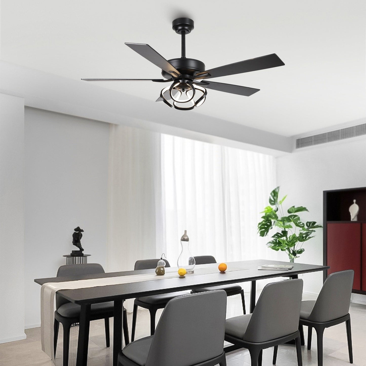Ventilatore da soffitto moderno a LED dimmerabile da interno cromato/nero da 52 pollici con luce e telecomando