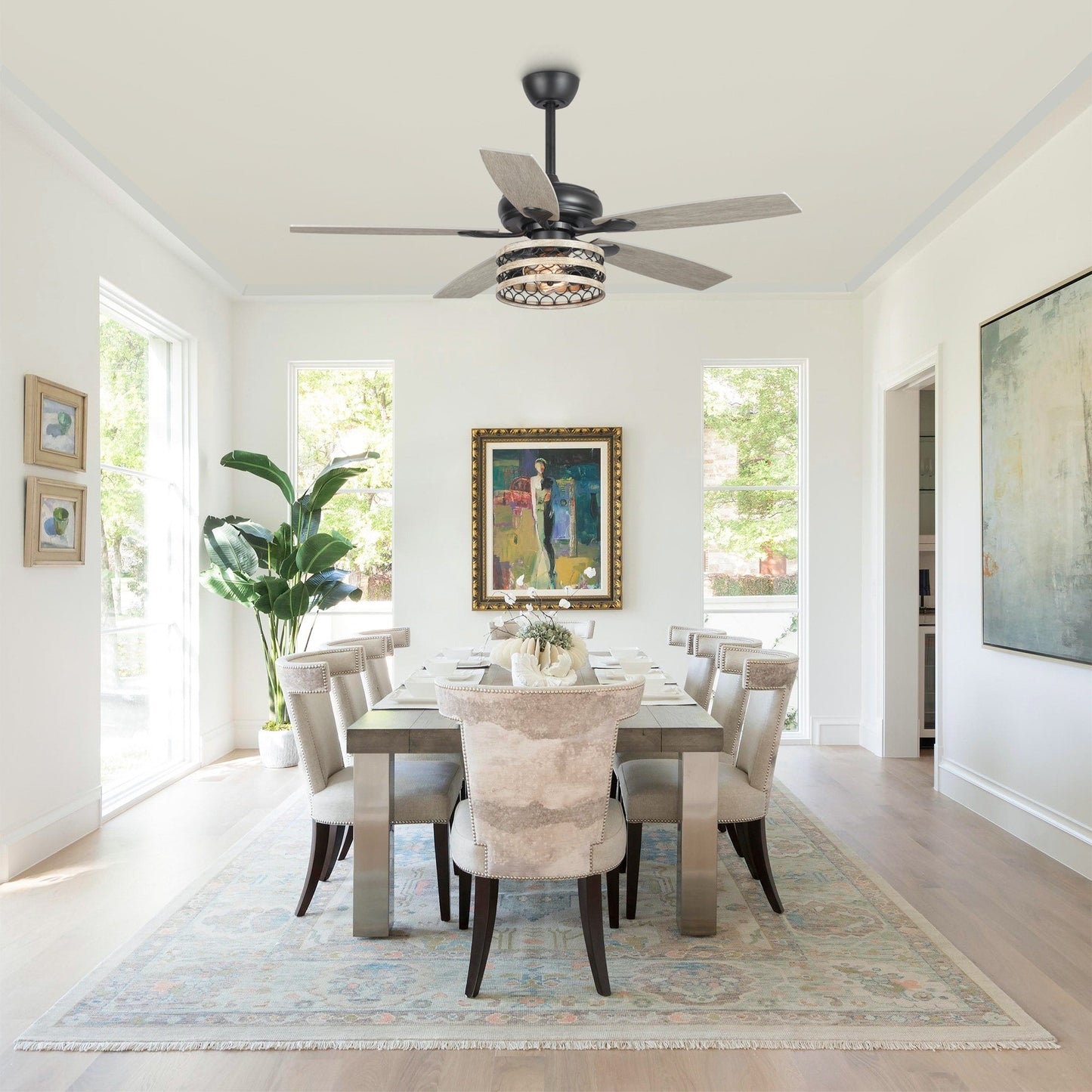 Ventilatore da soffitto con gabbia nera a 5 pale in legno galleggiante da fattoria 52 con telecomando