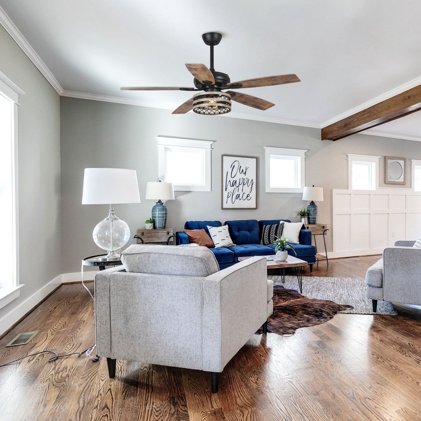 Ventilatore da soffitto con gabbia nera a 5 pale in legno galleggiante da fattoria 52 con telecomando