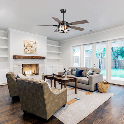 Ventilatore da soffitto per interni a 5 pale in legno nero rustico da 52 pollici con telecomando