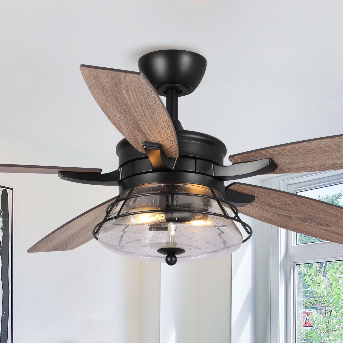 Ventilatore da soffitto decorativo industriale in vetro nero con 52 semi, con telecomando e kit luce