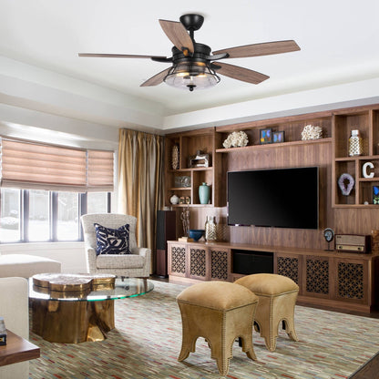 Ventilatore da soffitto decorativo industriale in vetro nero con 52 semi, con telecomando e kit luce