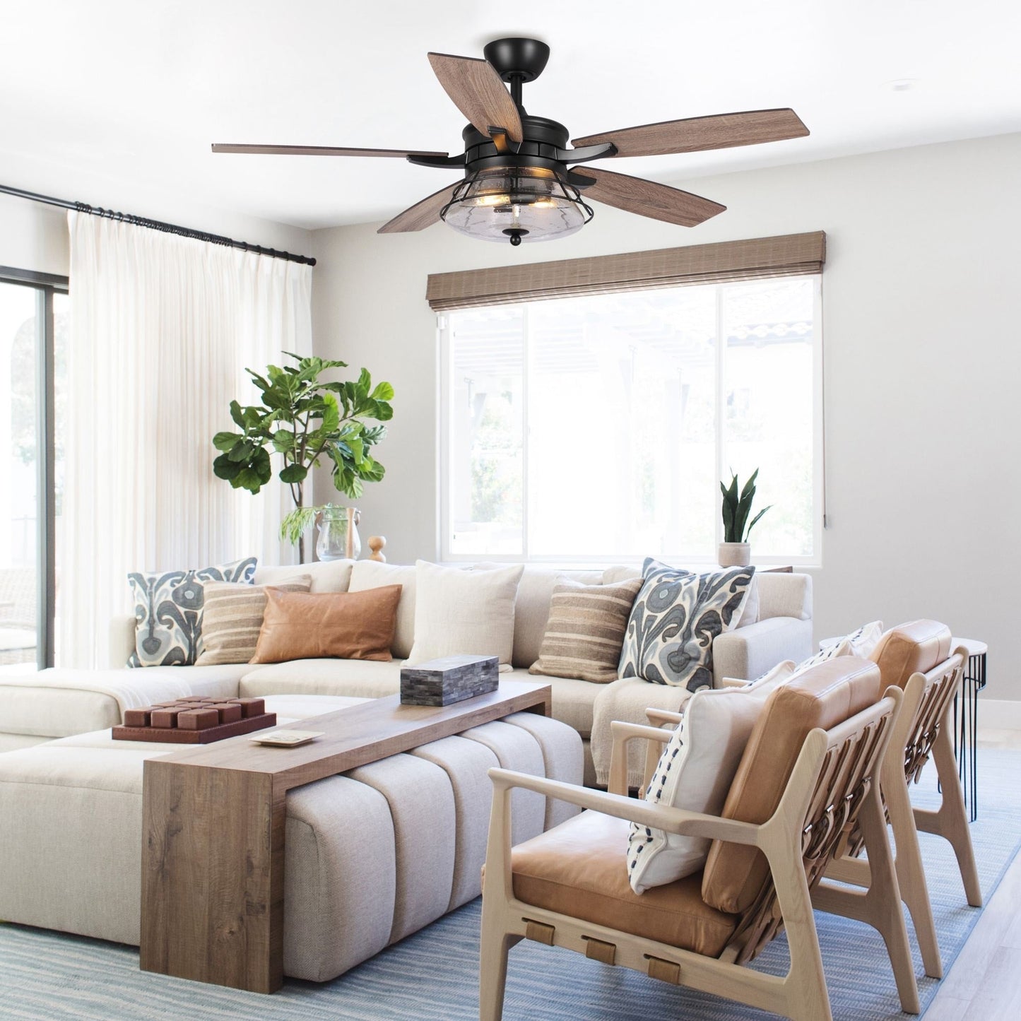 Ventilatore da soffitto decorativo industriale in vetro nero con 52 semi, con telecomando e kit luce