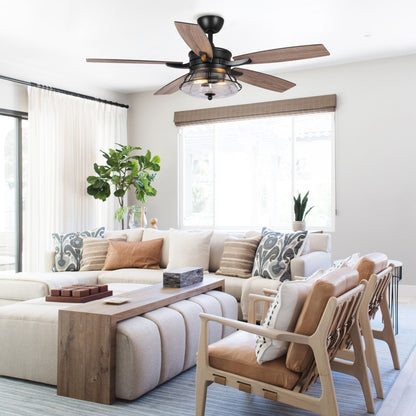 Ventilatore da soffitto decorativo industriale in vetro nero con 52 semi, con telecomando e kit luce