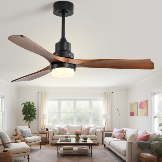 Ventilatore da soffitto silenzioso in legno di noce 52/60/48 con telecomando, luce integrata opzionale