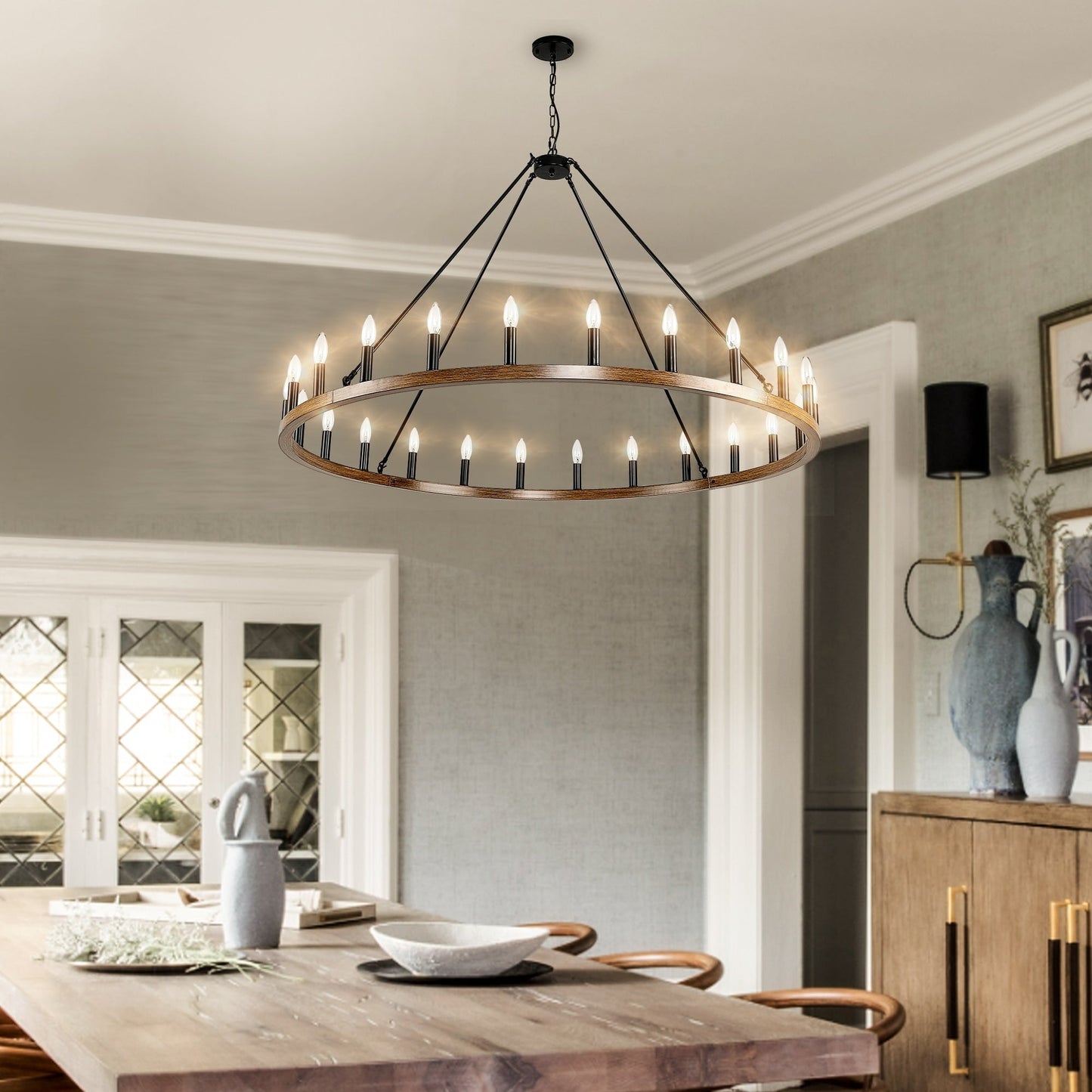 Lampadario a 24 luci con ruota di carro rotonda da 54 pollici