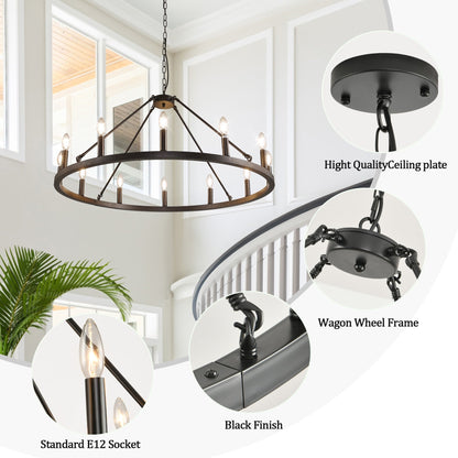 Lampadario a 24 luci con ruota di carro rotonda da 54 pollici