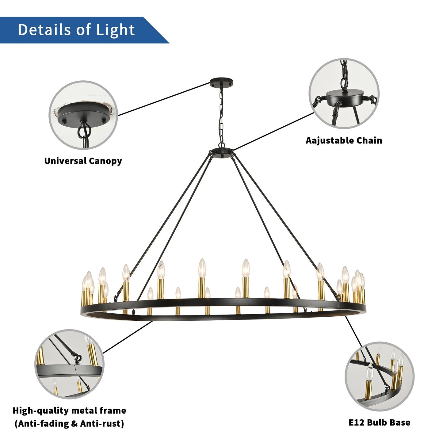 Lampadario a 24 luci con ruota di carro rotonda da 54 pollici