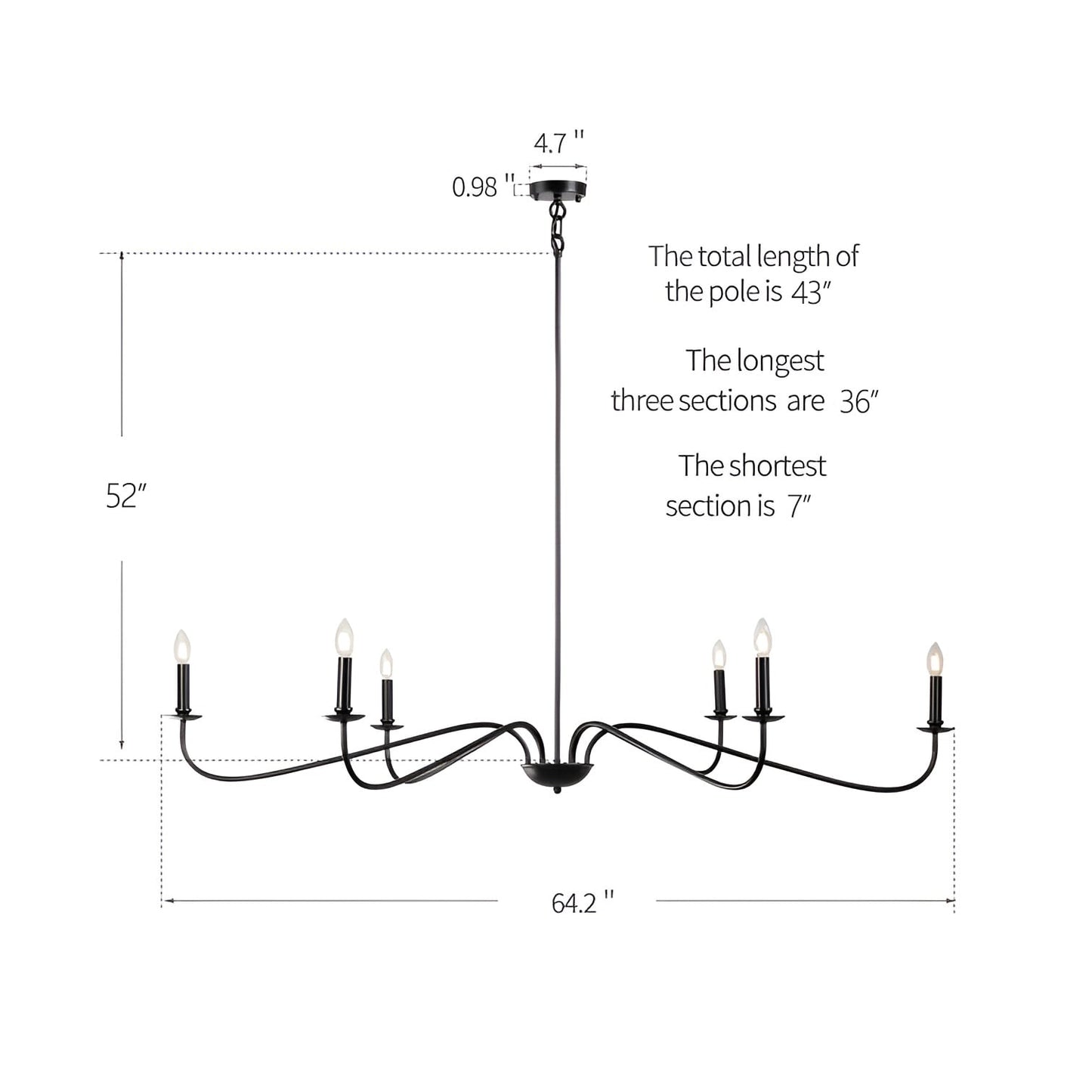 Lampadario minimalista da 64 pollici con 6 luci in nero opaco/oro/cromo - N/D