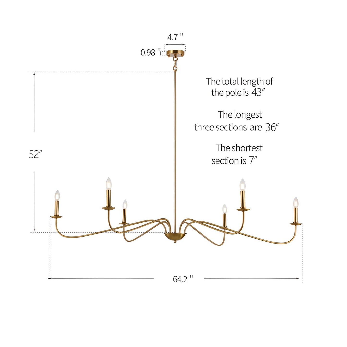 Lampadario minimalista da 64 pollici con 6 luci in nero opaco/oro/cromo - N/D