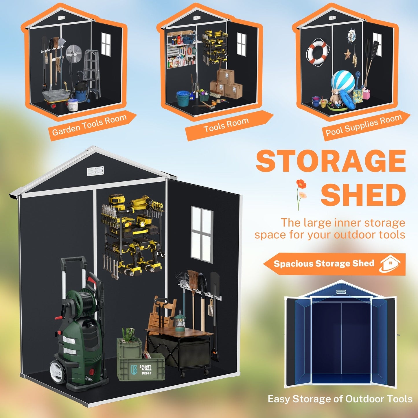 Capannone per attrezzi da esterno in resina resistente alle intemperie, 6 piedi x 4 piedi/6 piedi x 8 piedi/8 piedi x 6 piedi/8 piedi x 10 piedi, con pavimento, Spire Tool Shed