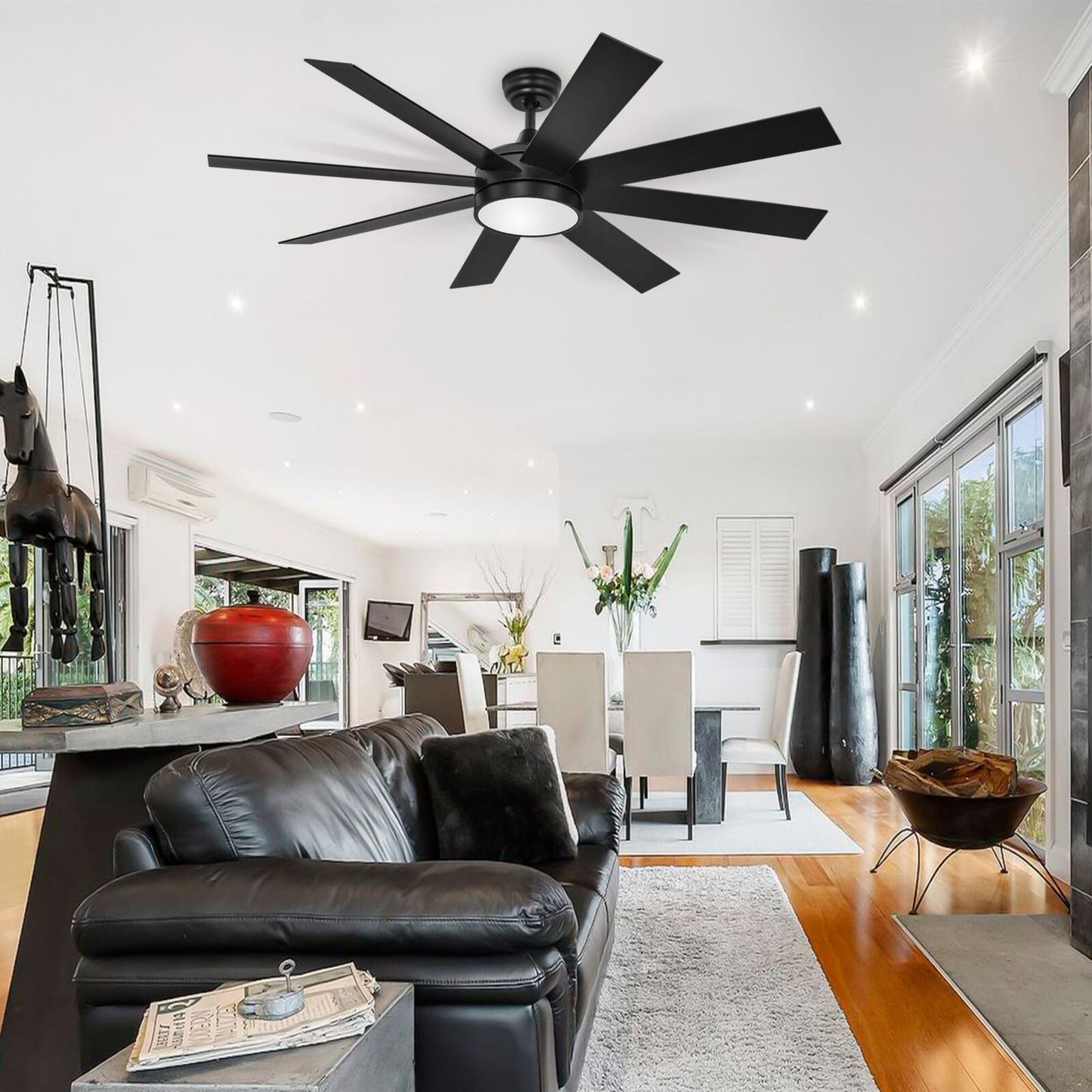Ventilatore da soffitto Moasis nero opaco da 60 pollici a 8 pale con luce LED e telecomando - 60