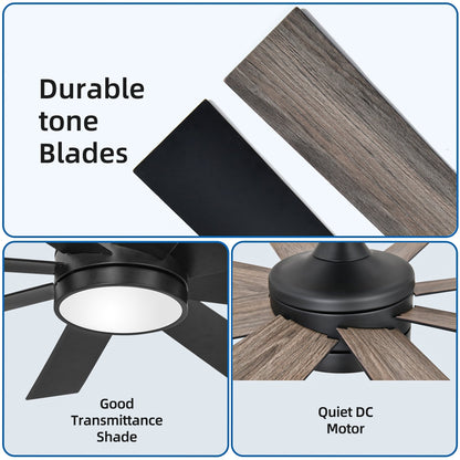 Ventilatore da soffitto Moasis nero opaco da 60 pollici a 8 pale con luce LED e telecomando - 60