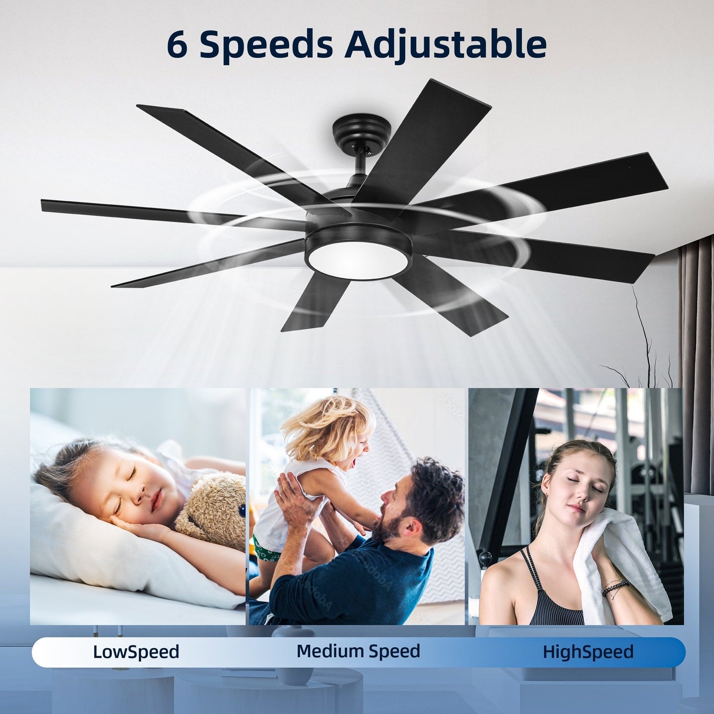 Ventilatore da soffitto Moasis nero opaco da 60 pollici a 8 pale con luce LED e telecomando - 60