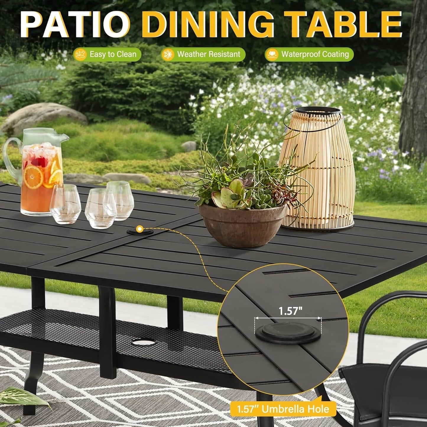 Tavolo da pranzo rettangolare in metallo con doghe per patio esterno 60 x 37 con foro per ombrellone per 6 persone