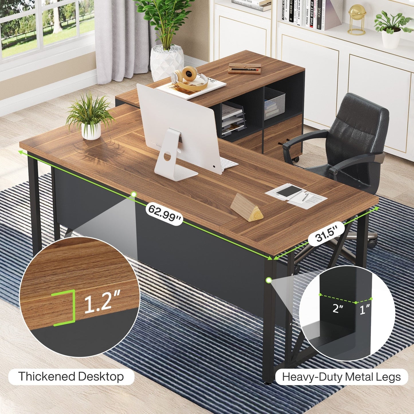 Scrivania per computer a L da 63 pollici con schedario laterale da 47 pollici, scrivania direzionale per ufficio domestico, set di scrivania